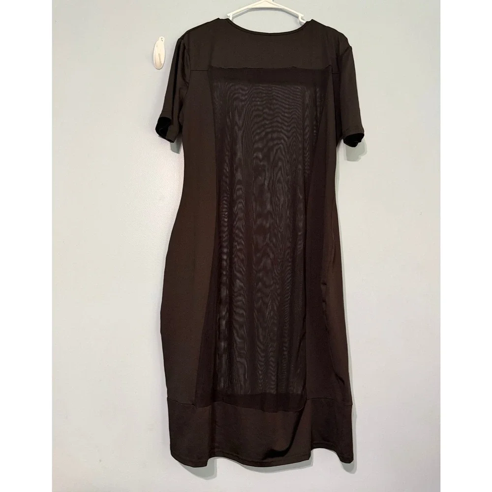 IN'VOLAND Black Mesh Panel Midi Dress 20W Short Sleeve Crew Neck Stretch 1608